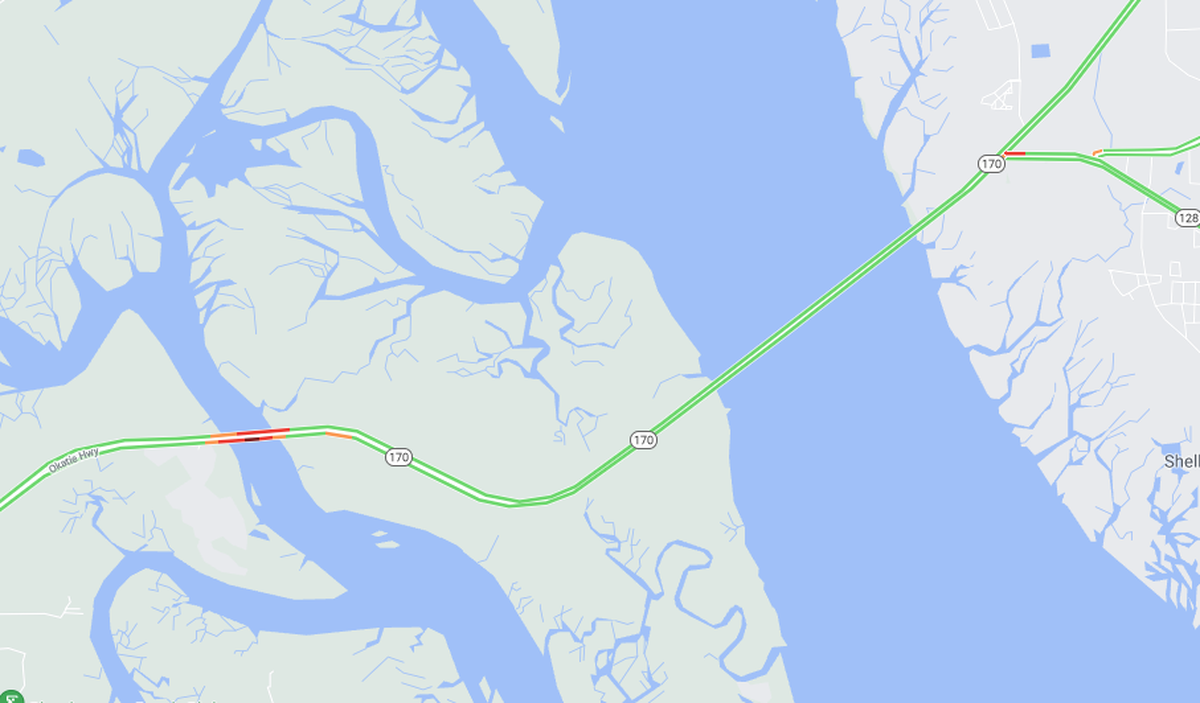 Google Maps shows traffic backed up on the Lemon Island Bridge Tuesday, May 4, 2021.