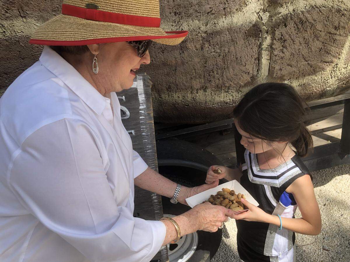 Bluffton resident Cynthia Reed helps her granddaughter Sienna Arquez crack open the boiled peanuts. Reed said she loves the flavor of the traditional boiled peanuts with just salt, but prefers the shell when it’s not too soft or soggy.