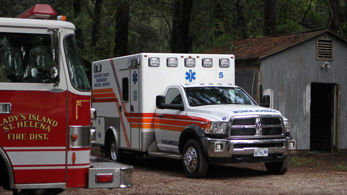 The Beaufort County EMS Station 5 ambulance sits parked outside of the home being rented as the temporary Lady's Island-St. Helena Fire District Station 22 on Oct. 30, 2015, on St. Helena Island off of Sea Island Parkway.  Station 22's renovations were scheduled for completion Dec. 1.