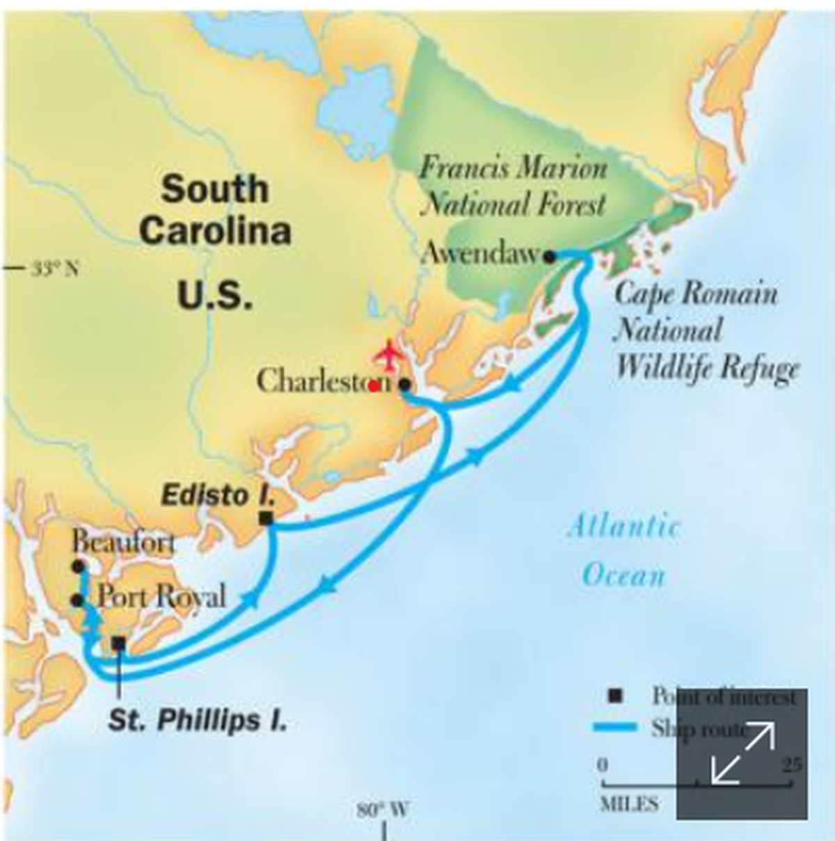 A map of the National Geographic Expeditions cruises through South Carolina from April through November.