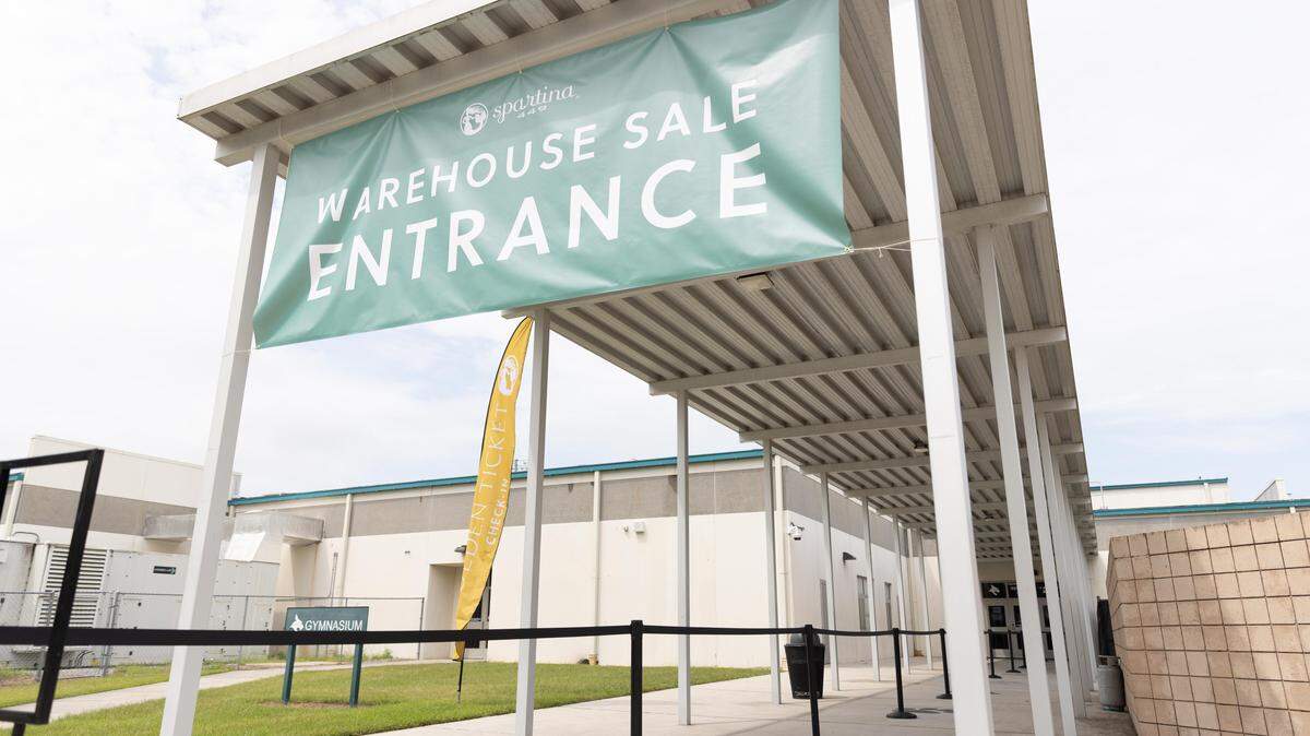 The entrance banner for 2025’s warehouse sale at Bluffton High School.