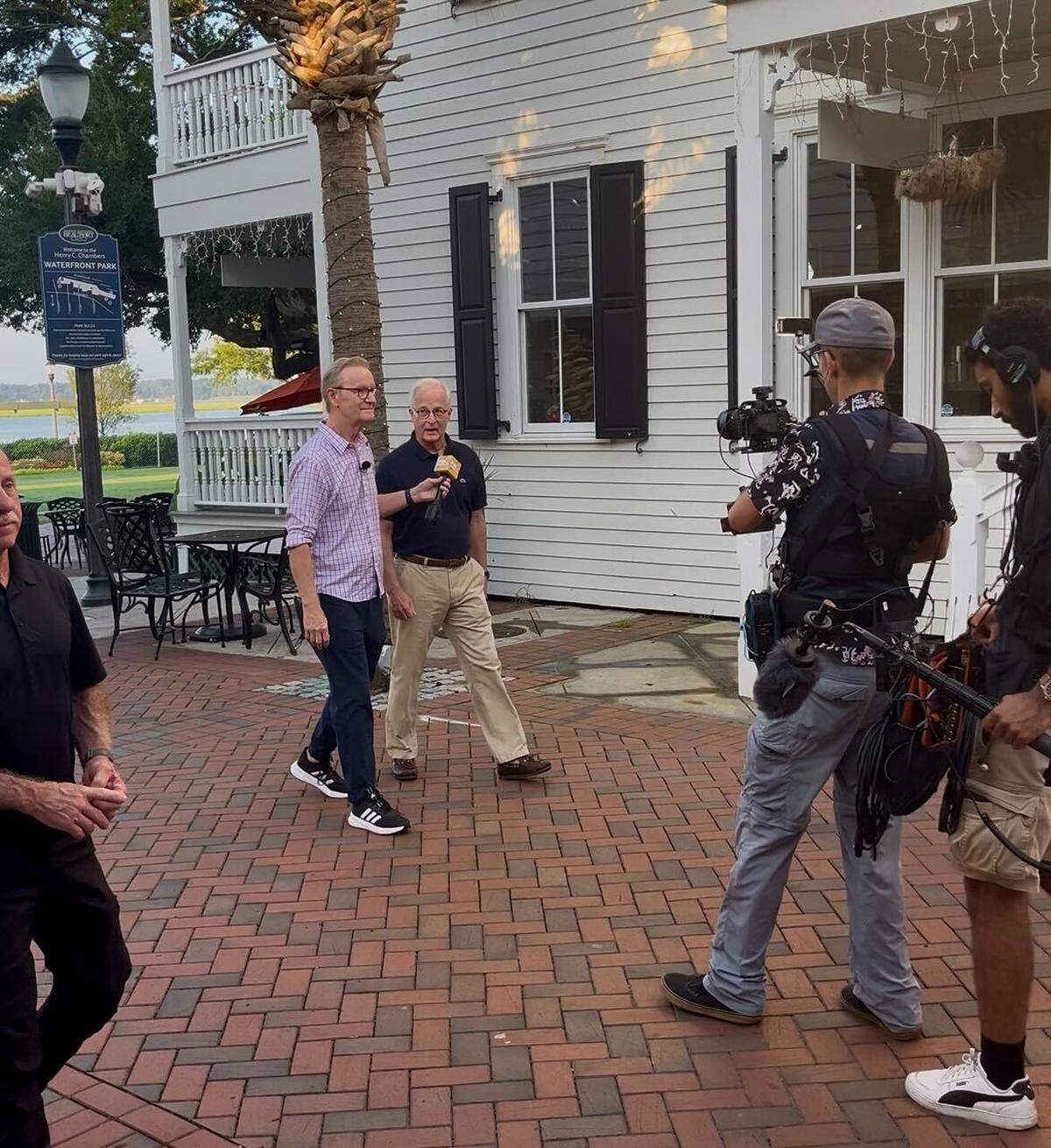 Mayor Phil Cromer and co-host Steve Doocy during Fox & Friends “Main Street USA Tour” in Downtown Beaufort on Aug. 19, 2025.