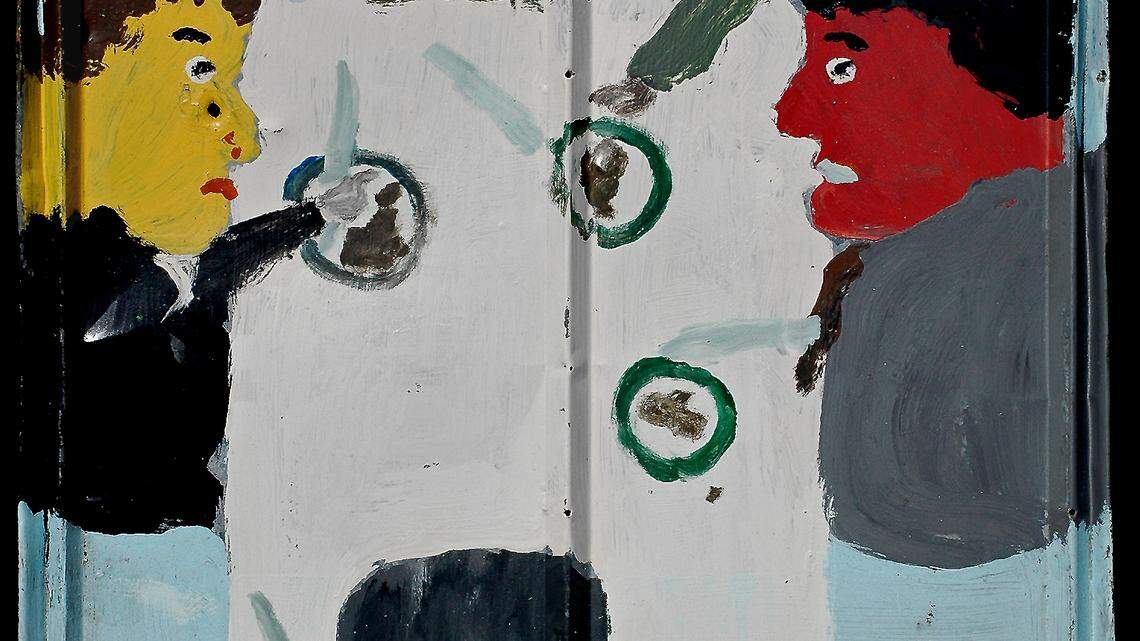 Sam Doyle "Wellcome Table" house paint on tin, from the collection of Gordon W. Bailey. 