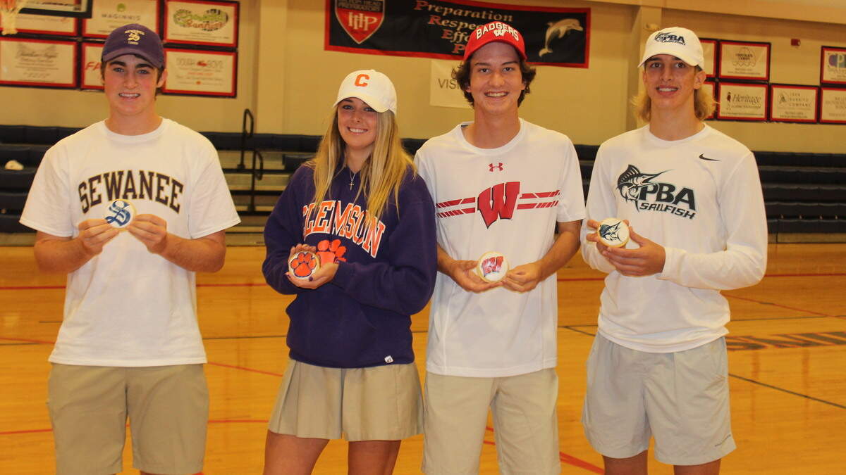 From Left to Right: Hilton Head Prep’s Matthew Barnett (Tennis/University of the South), Ali DeSpain (Tennis/Clemson), Scott Sculley (Tennis/Wisconsin) and Hunter Hopman (Lacrosse/Palm Beach Atlantic) signed letters of intent Wednesday, Nov. 14, 2018.