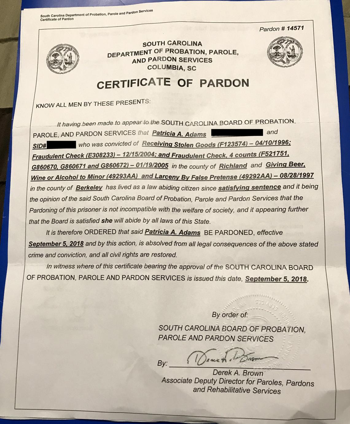 Patricia Adams’ certificate of pardon from the state.