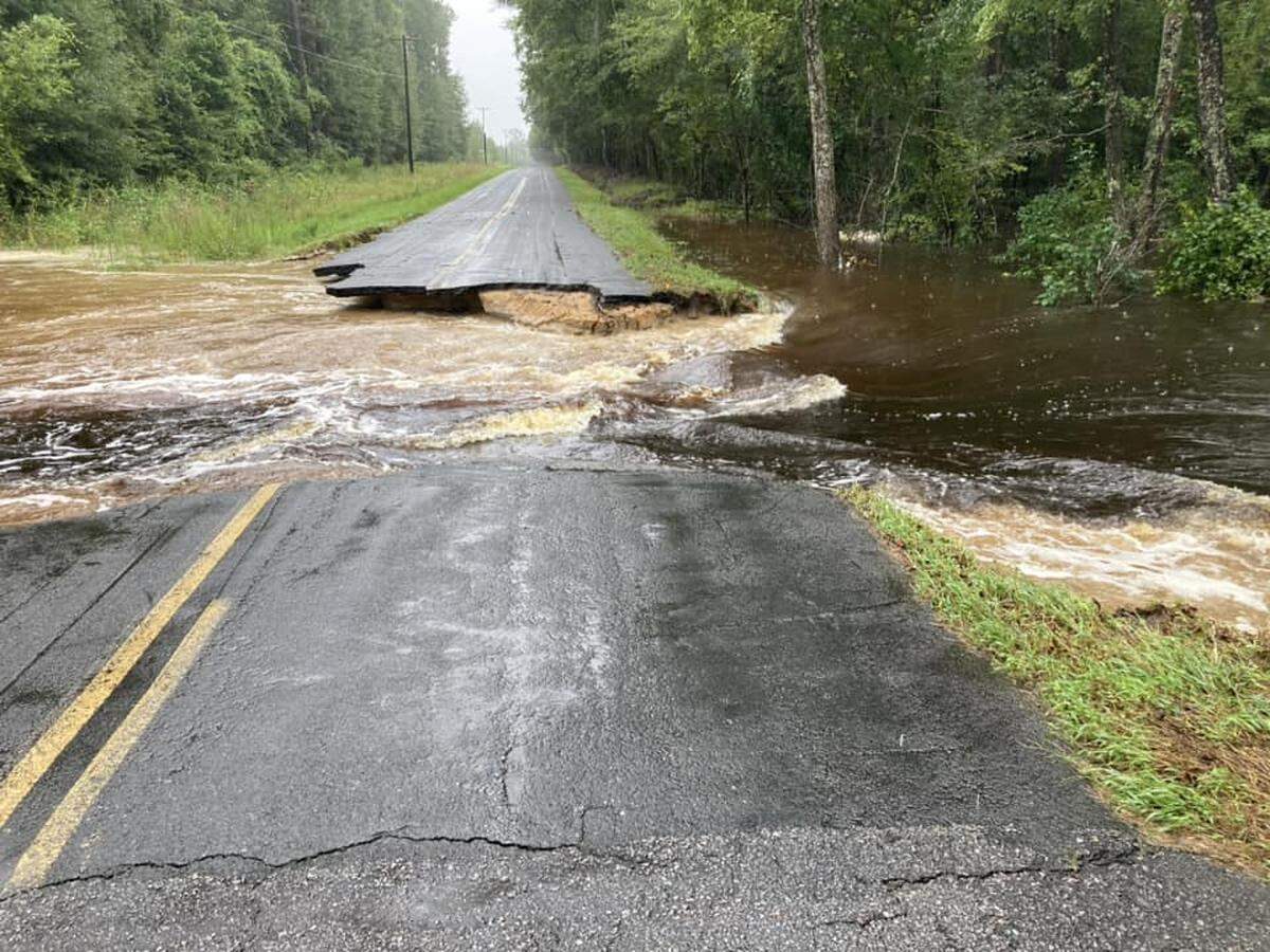 A rush of floodwater created a washout in northern Jasper County on Langfordville Road, east of its intersection with State Road S-27-87 (Firetower Road).