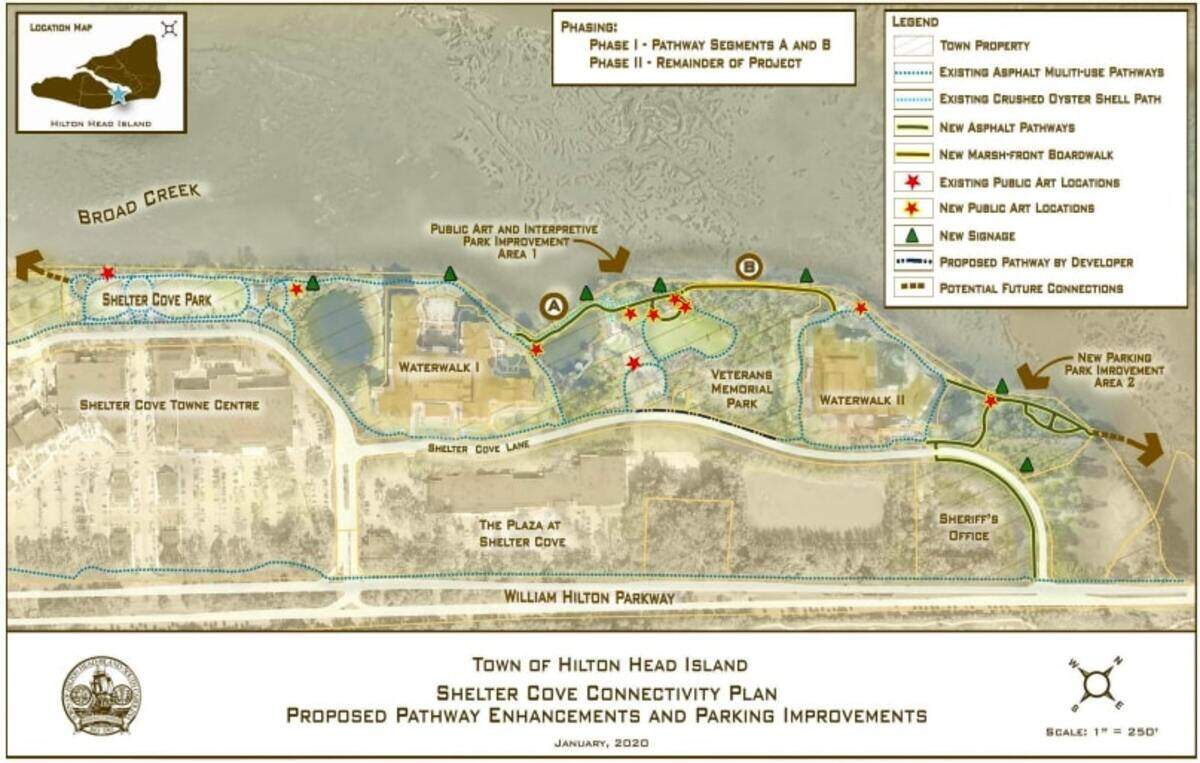 A new plan for the Shelter Cove area shows a path connection and marshfront boardwalk at the mid-island park.
