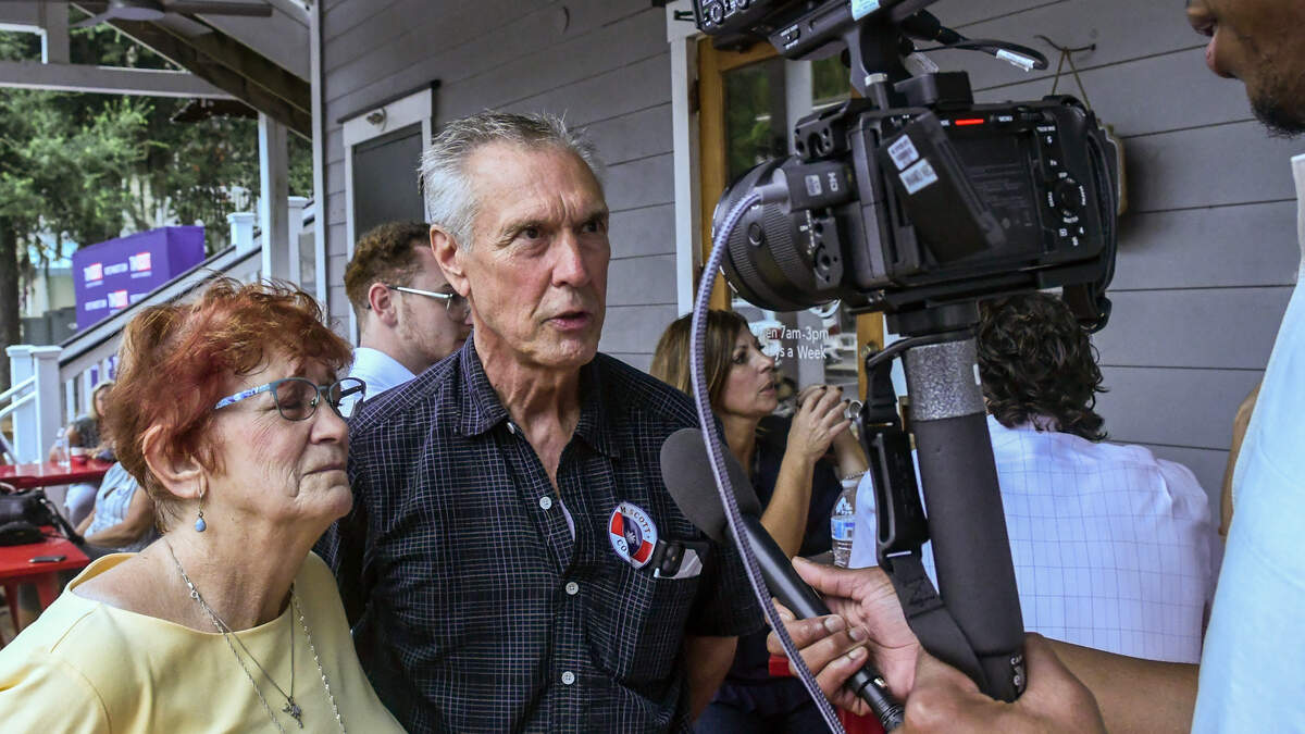 Sun City Hilton Head residents Terrie, left and Scott Winkastes are interviewed by a video journalist with NBC National News on Friday, Oct. 6, 2023, at Corner Perk Brunch Café in Old Town Bluffton. The couple attended the campaign stop of S.C. Senator Tim Scott and haven’t made their decision on who’d they like to be the Republican nominee. They hope it’s not Donald Trump, the couple saying the former president and front runner in the polls is a narcissist and unelectable.