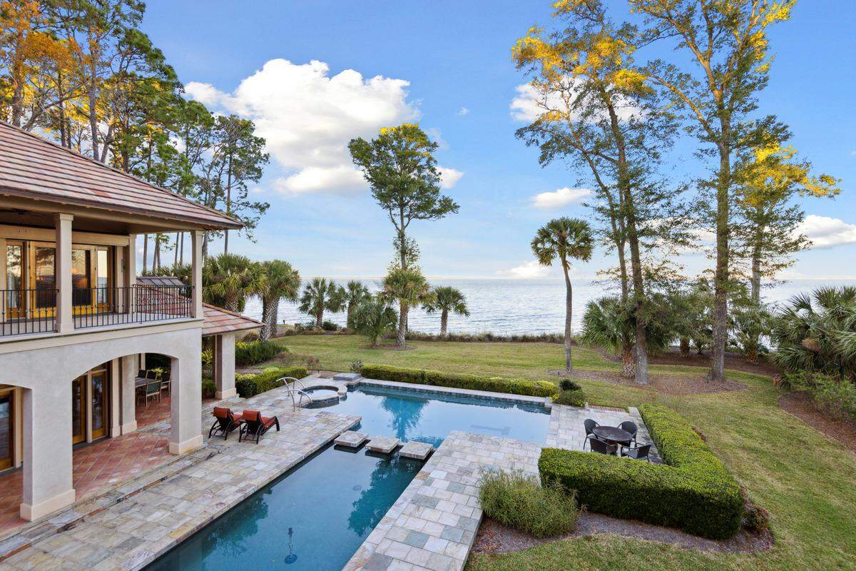 A sound-front view from a veranda found at 30 Oyster Shell Lane on Hilton Head Island, SC.