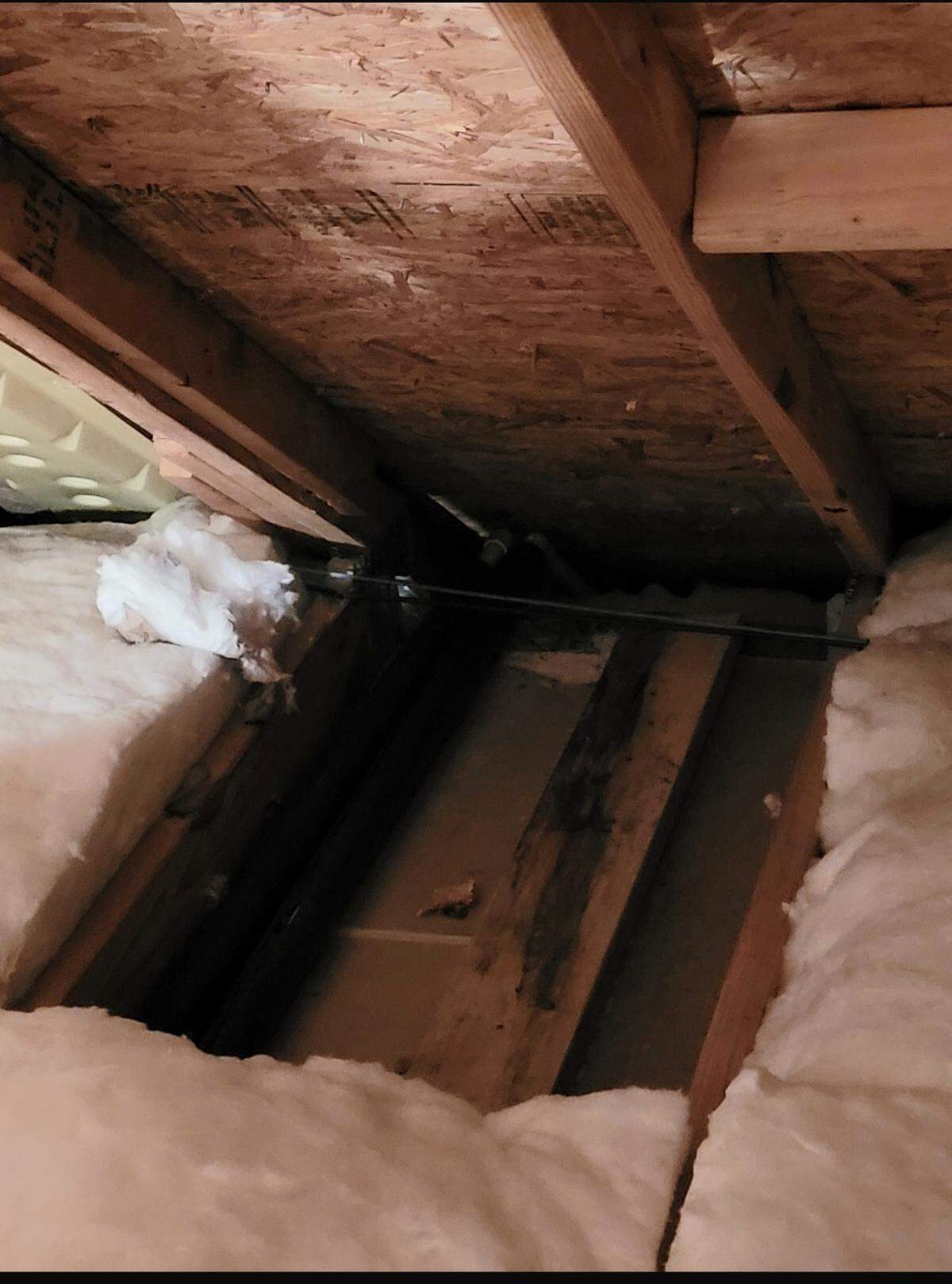 An image from the Parks family’s attic appears to show water-damaged wood.