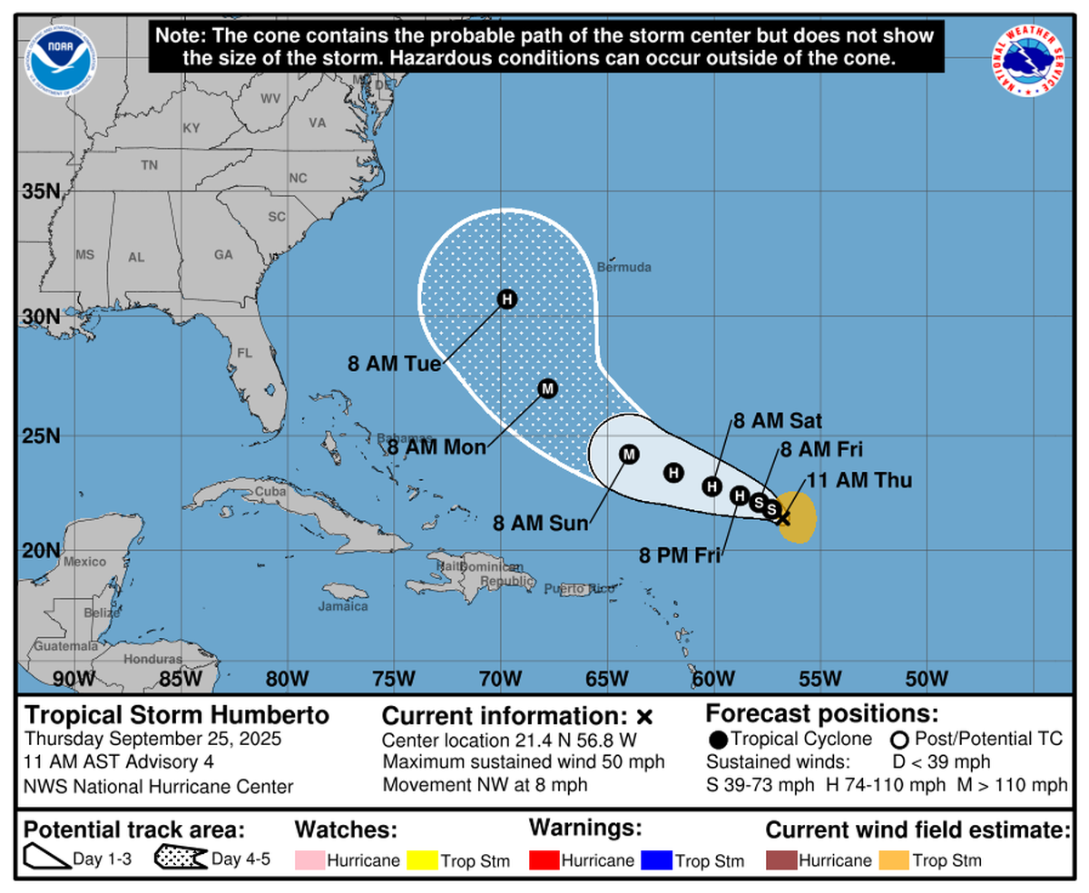Tropical Storm Humberto formed in the Atlantic Wednesday afternoon. Forecasters expect it to strengthen into a hurricane in the coming days.