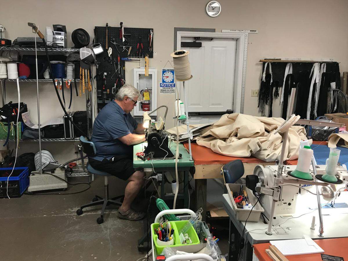 Jim Springer makes face shields at his Okatie/ Bluffton workshop where he and Leonard Davidson typically make boat covers. The two have made made and donated about 150 shields to health care workers during the coronavirus outbreak.