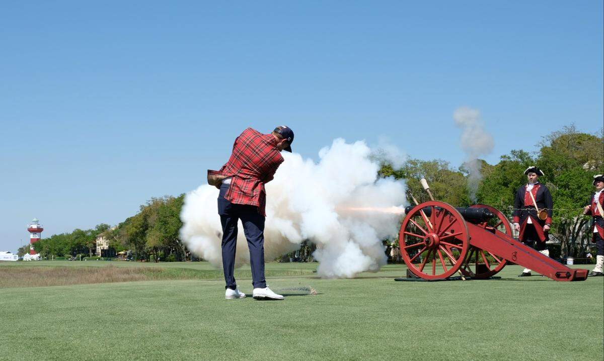 Defending 2020 RBC Heritage Presented by Boeing champion Webb Simpson drives a ceremonial shot into Calibogue Sound on Tuesday, April 13, 2021, from the tee box at the 18th hole at Harbour Town Golf Links in Sea Pines on Hilton Head Island.
