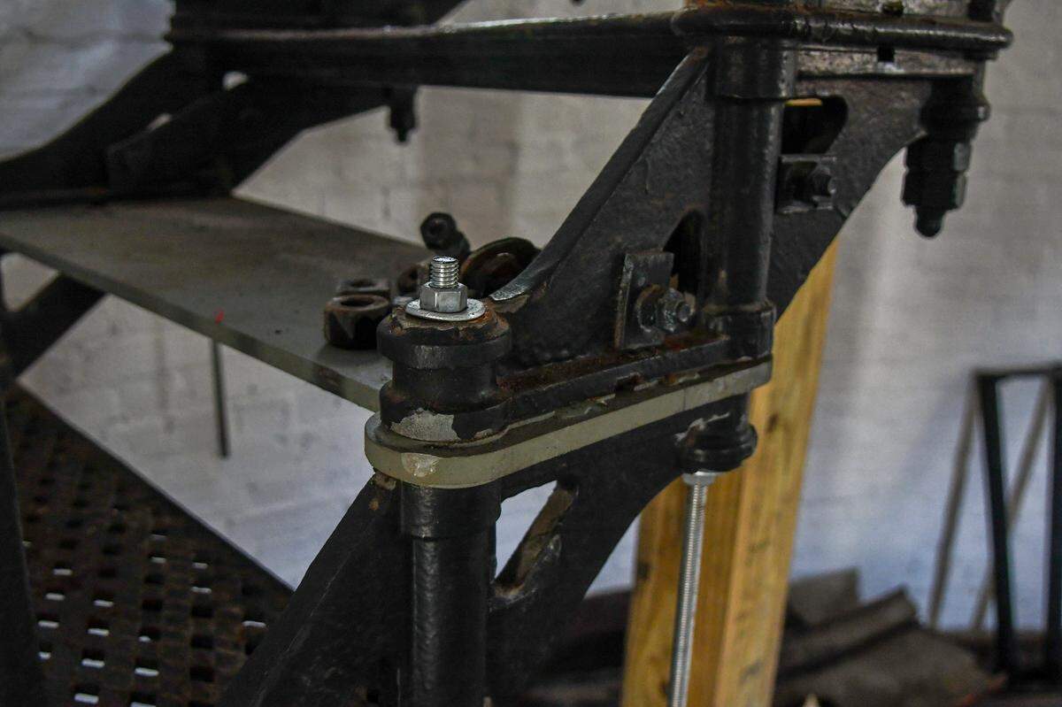 A cast-iron stair flight is removed from the Hunting Island Lighthouse that Thomas ‘Zabo’ McCants, Hunting Island State Park Manager said is being used to fabricate new treads to restore safety back to the 1875 lighthouse that is listed on the National Register of Historic Places.