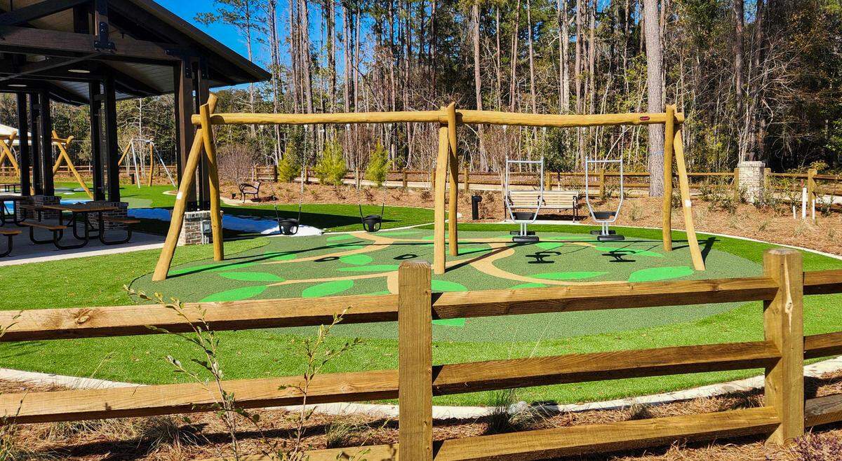 Swing sets that feature baby seats, left and what manufacturer Kompan calls “You & Me” seats allowing adults to swing with their children as photographed on Jan. 28, 2025, is featured in one section of the New Riverside Barn Park set for a grand opening on Feb. 22 in Bluffton.