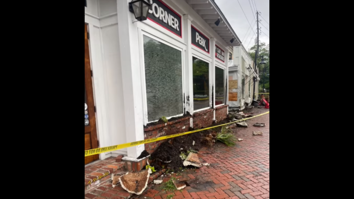 Despite a car breaking a front window Saturday night and plowing through its front porch seating area, Corner Perk Brunch Cafe & Coffee Roasters is open Sunday morning, business as usual.