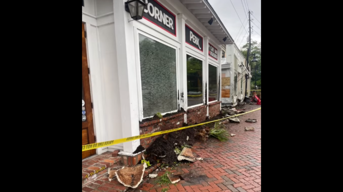 Despite a car breaking a front window Saturday night and plowing through its front porch seating area, Corner Perk Brunch Cafe & Coffee Roasters is open Sunday morning, business as usual.