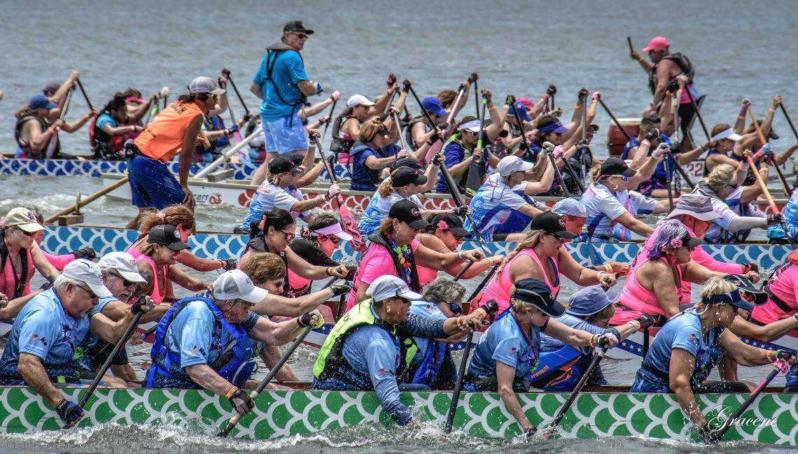 Dragon boats take off at the start of a race in Beaufort in 2023.