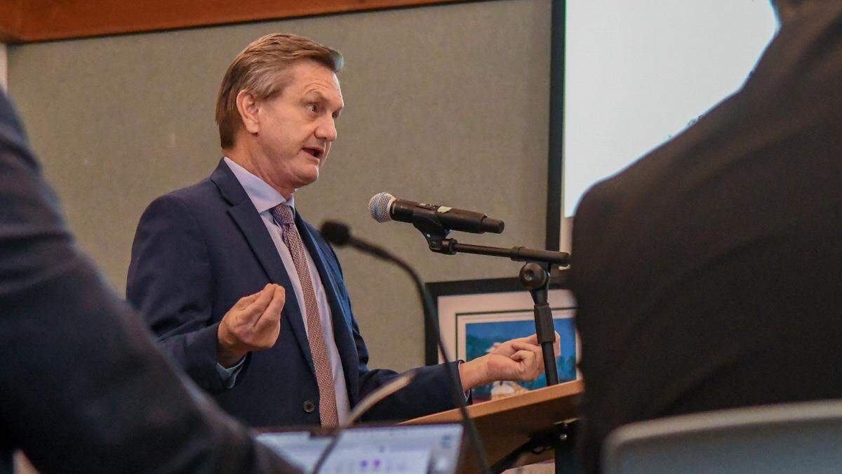 Sen. Tom Davis, presents a plan to eliminate the $190 million shortfall for the U.S. 278 project on Jan. 9, 2025, at a Hilton Head Town Council workshop.