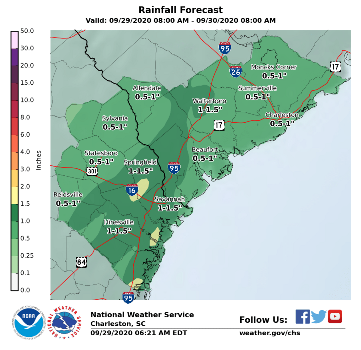 Rain amounts expected along the South Carolina coast on Tuesday.