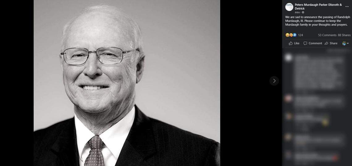 A Facebook post from the Peters Murdaugh Parker Eltzroth & Detrick law firm based in Hampton, S.C., announces the death of attorney and former 14th Circuit Solicitor Randolph Murdaugh III on Thursday, June 10, 2021.