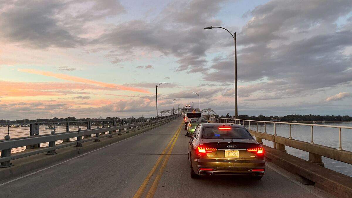 Traffic slows down in Beaufort as the Woods Memorial Bridge swings open on Feb. 1, 2023.