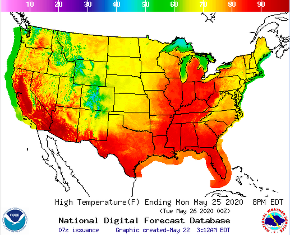 High temperatures nationwide on Monday, Memorial Day.