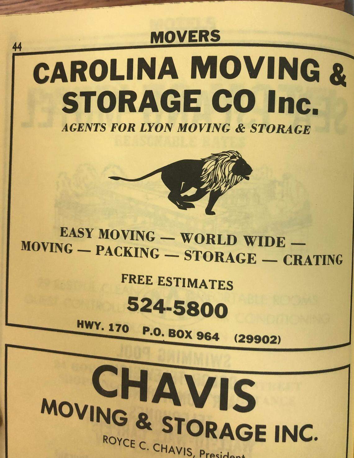 A photo of ad advertisement for Carolina Moving and Storage Co. owned by Johnny and Marie Weed, parents of Susan (Weed) Neal from the Beaufort Yellow Pages in 1980.