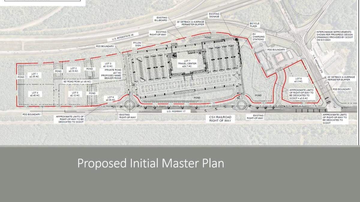 The “Hardee Station” location, outlined in red, is located on the northwest corner of I-95 and U.S. 278 in Hardeeville and will be anchored by a “travel center” now known to be Buc-ee’s.
