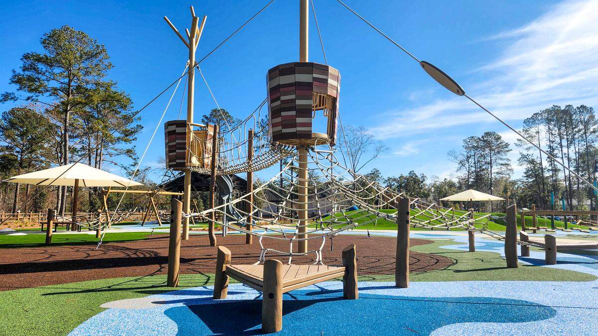 A view of the tower system with a variety of ways to get to bird nests which are connected by a rope bridge as photographed on Jan. 28, 2025, is featured in one section at the New Riverside Barn Park set for a grand opening on Feb. 22 in Bluffton.