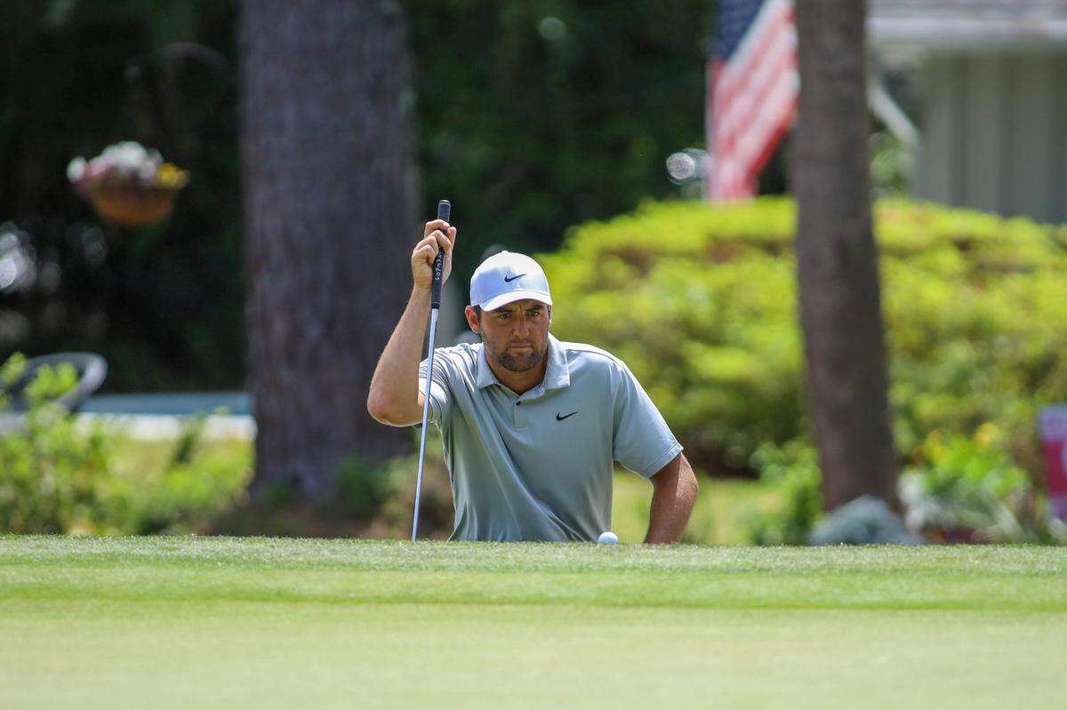 Scottie Scheffler studies the eighth green during the final round of the RBC Heritage Presented by Boeing at Harbour Town Golf Links on Sunday, April 16, 2023, in Sea Pines on Hilton Head Island.