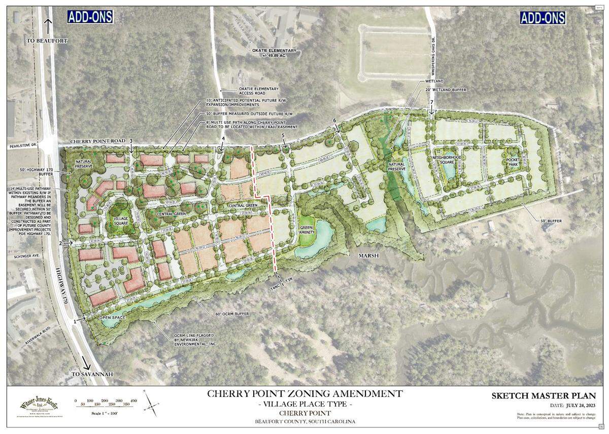 A development plan for a development along Cherry Point Road in Okatie.