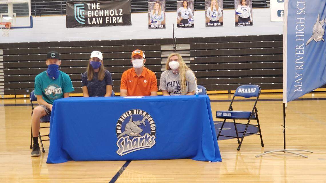 May River athletes Darrin Horn, Sydney Bowes, Andrew Swanson and Peyton Rockwell sign their letters of intent with colleges on Wednesday, Nov. 11, 2020.