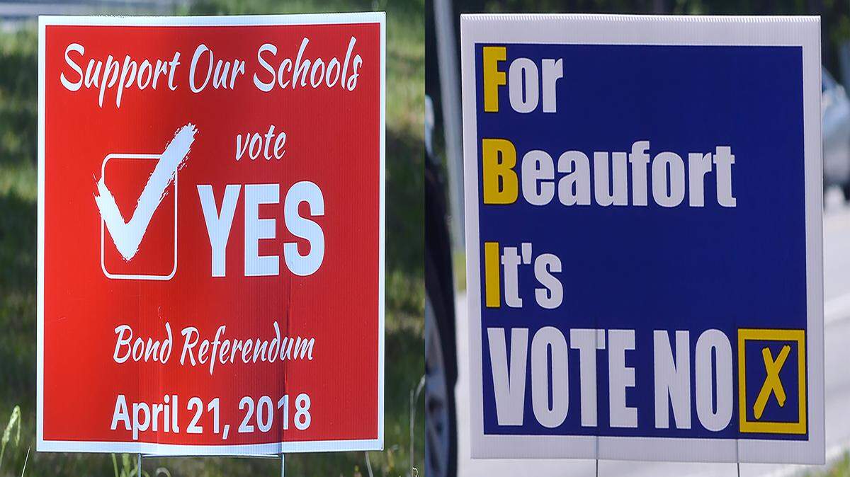 Roadside signs for and against Saturday's school bond referendum as photographed on Wednesday, April 18, 2019 along S.C. 170 in Okatie.