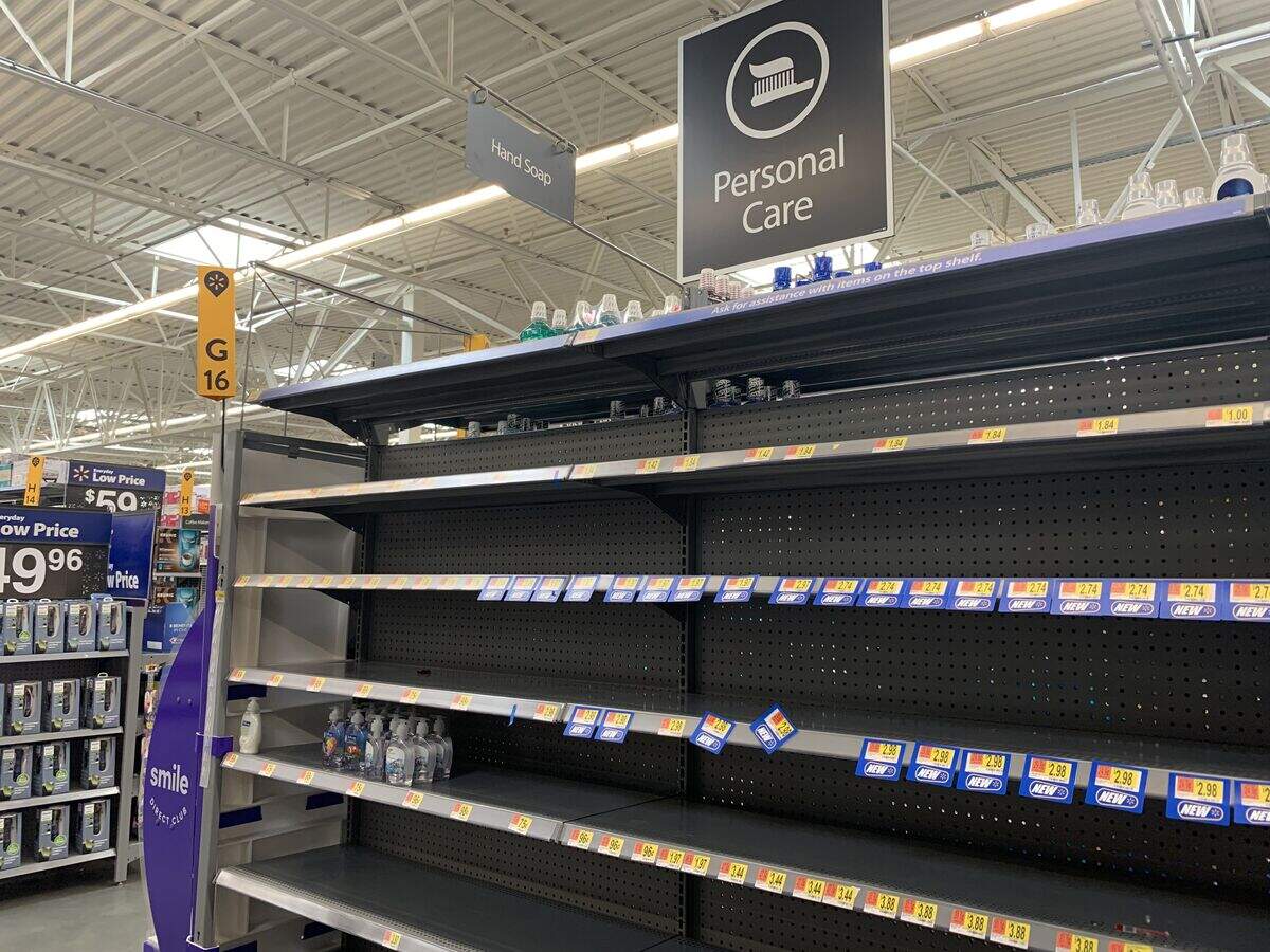 A limited amount of liquid handsoap on the shelves of the Bluffton Walmrt on March 13, 2020.