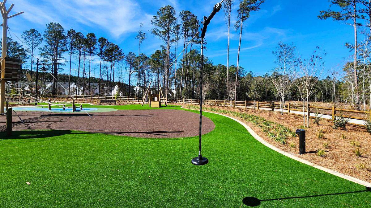 The end of the zip line allows park goers to get carried along on a 82-foot long cable as photographed on Jan. 28, 2025, is featured in one section at the New Riverside Barn Park set for a grand opening on Feb. 22 in Bluffton.