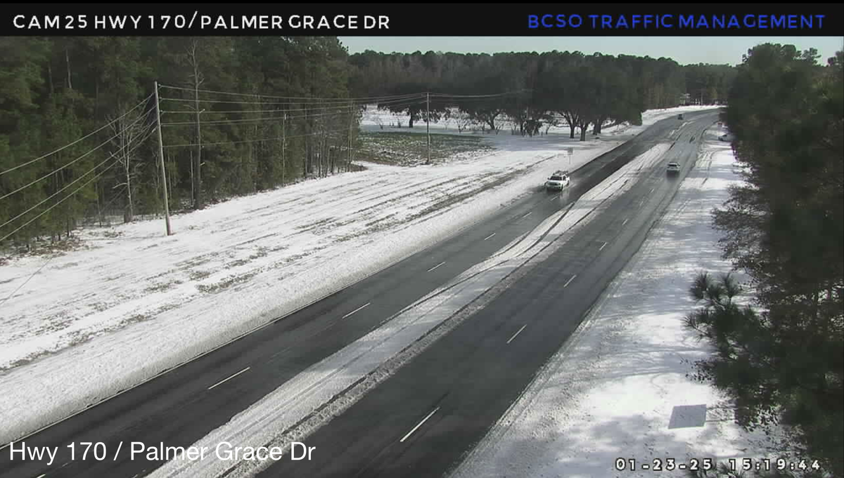 S.C. 170 (Okatie Highway) was slightly less covered by snow Thursday afternoon compared to morning conditions, but the roadway still appeared slick.