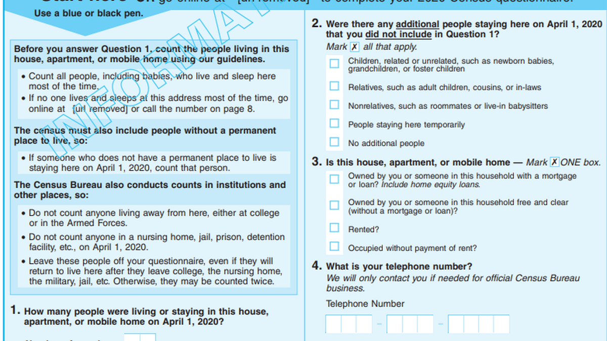 The first page of the 2020 Census mailer. The form will include 12 questions and aims to count every person living in the United States.