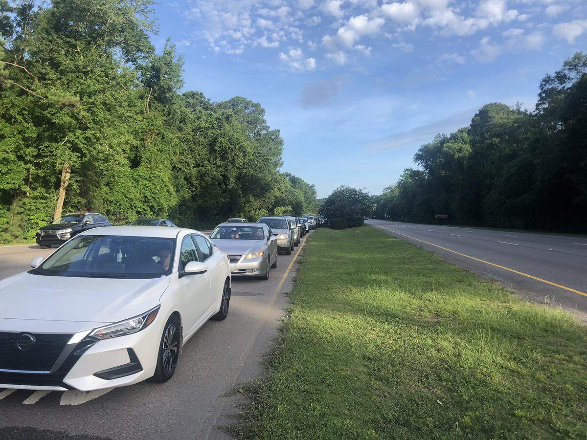 Traffic backs up on Monday, June 29, 2020, on Hilton Head Island during a free COVID-19 testing event.