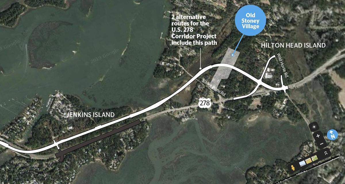 Two of the six plans for the U.S. 278 corridor project include a flyover over the marshes of Hilton Head Island by Squire Pope Road, dividing a new real estate development, Old Stoney Village, in the middle.