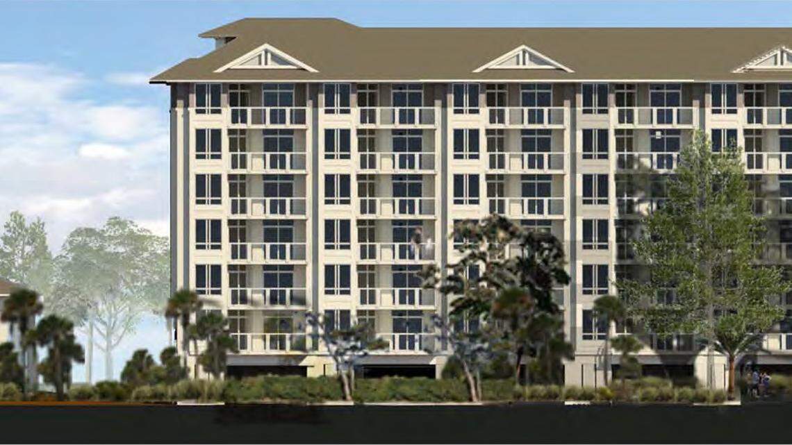 A rendering of the six-story condominium buildings Vacation Time Hilton Head plans to erect.
