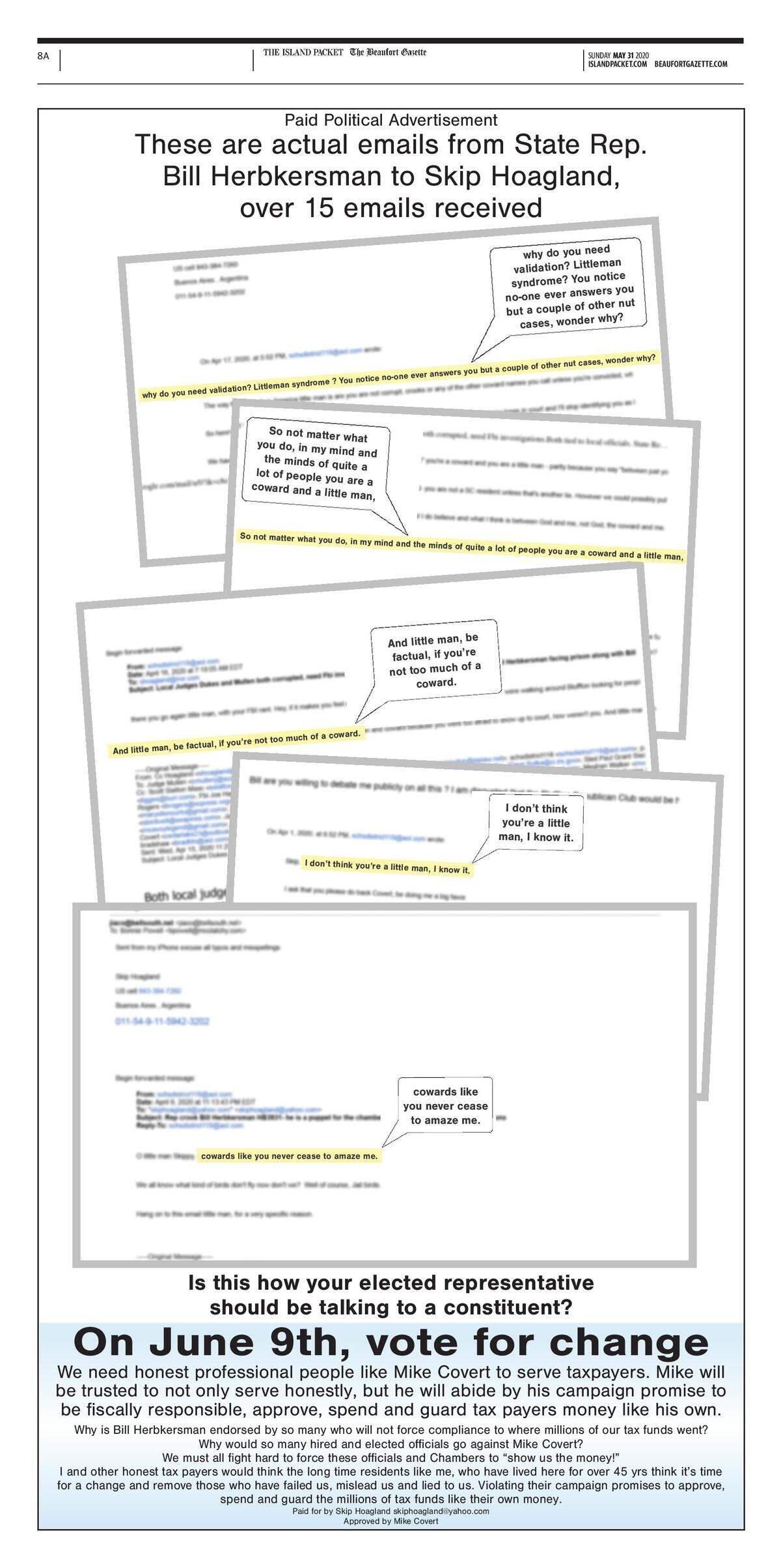 Skip Hoagland’s ad publicizing emails sent to him by S.C. Rep. Bill Herbkersman. The ad, paid for by Hoagland but approved by opponent Mike Covert, says “We need honest professional people like Mike Covert to serve taxpayers.”