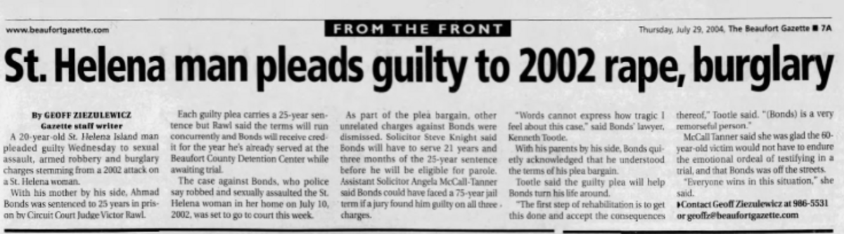 A screen capture of The Beaufort Gazette’s print edition on July 29, 2004, shows a story about St. Helena Island man Ahmad Bonds being sentenced to 25 years in prison for robbing and sexually assaulting a local woman in her home two years earlier. More than two decades later, Bonds was convicted of kidnapping and raping a commissary worker at the Ridgeland Correctional Institution, where he was serving his initial sentence.