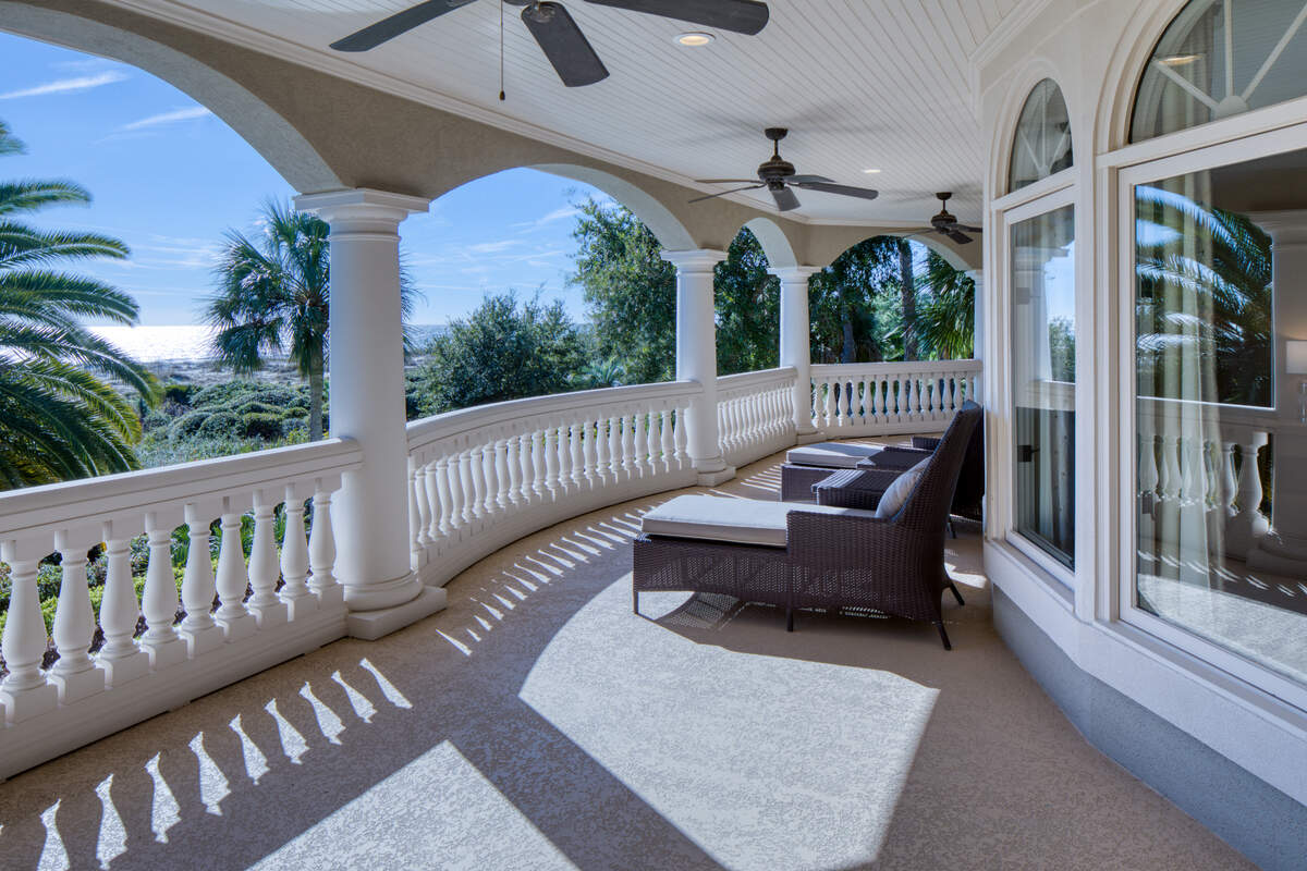 A view of the second floor veranda found at 38 Ensis Road on Hilton Head Island, SC.