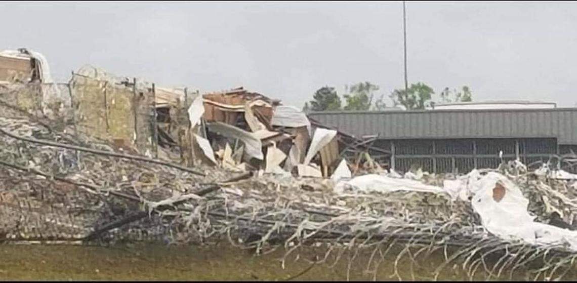 A photo taken on April 13 of the damage at FCI Estill following a tornado.