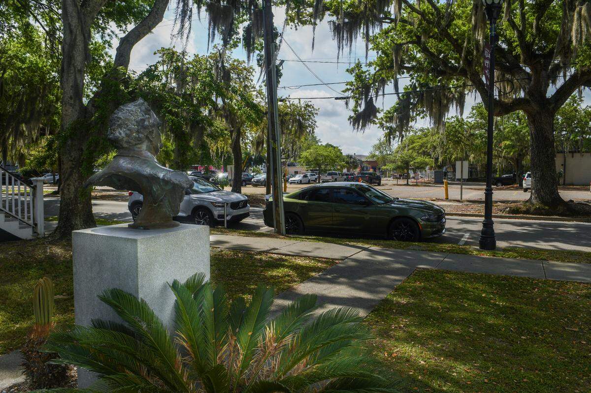 Photographed on April 7, 2023 from Beaufort’s historical Tabernacle Baptist Church on Craven Street, the bust of Civil War here Robert Smalls at left, shows where a four-story parking garage owned by Dick Stewart of 303 Associates is planned to be built which has been delayed.