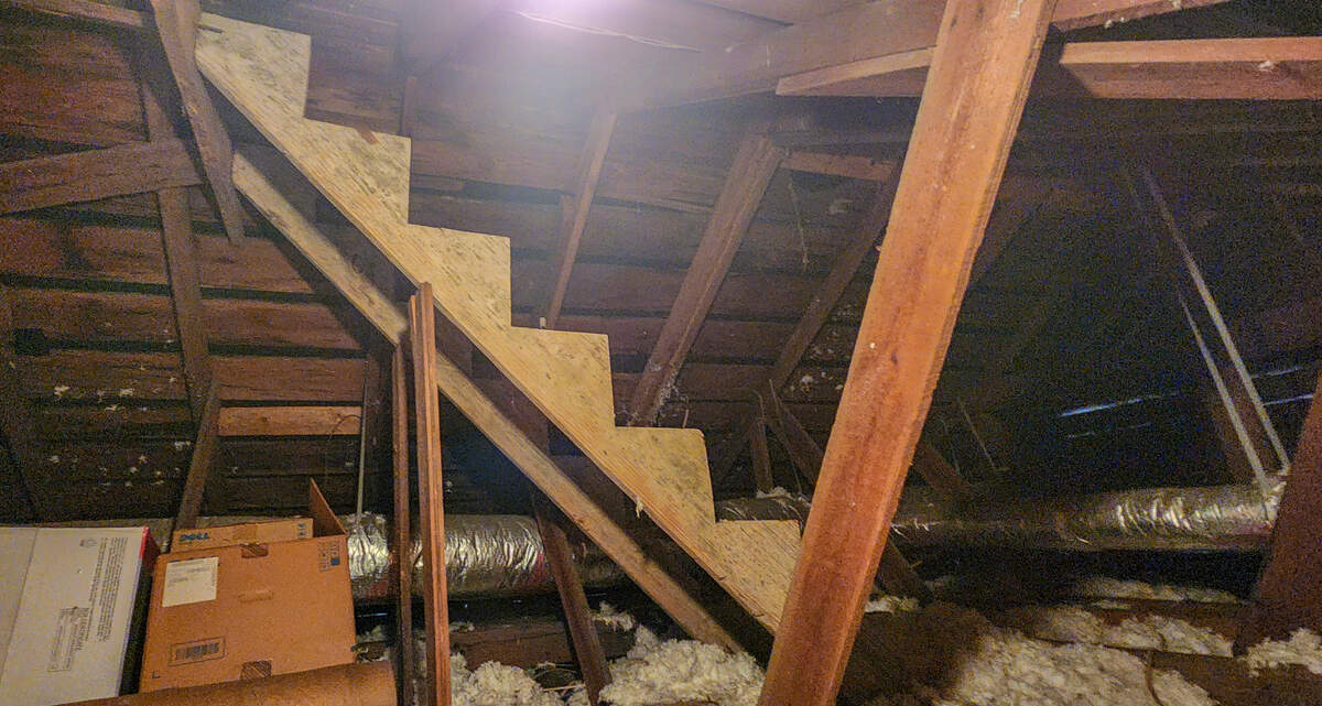 The stringer to a staircase that led to a watch tower built to look for enemy aircraft about the time of the 1941 attack on Pearl Harbor in the historic Carpenter’s Hall attic as seen on Oct. 27, 2022 located on Paris Avenue in the Town of Port Royal.