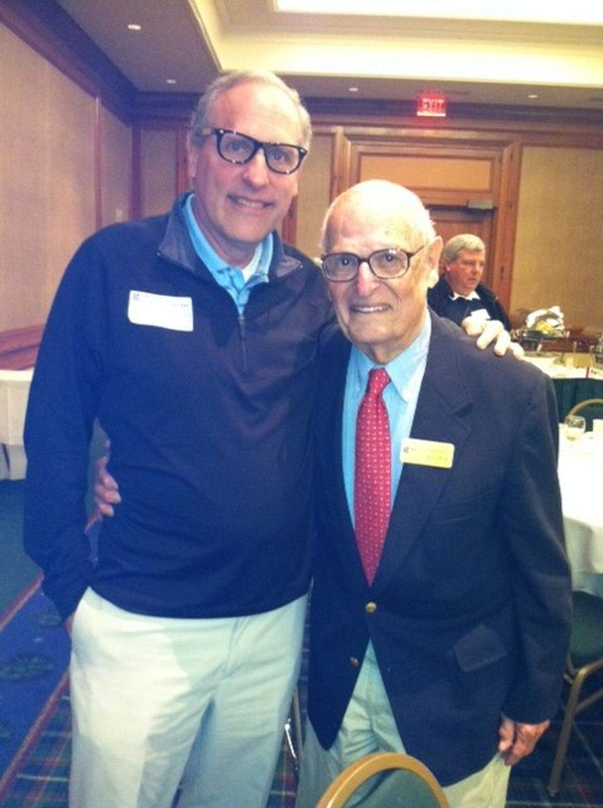 David Lauderdale wearing the trophy when he was honored with the 2012 Arnie Burdick Media Award named for the longtime media relations manager (right) for the RBC Heritage Presented by Boeing PGA Tour event on Hilton Head Island.