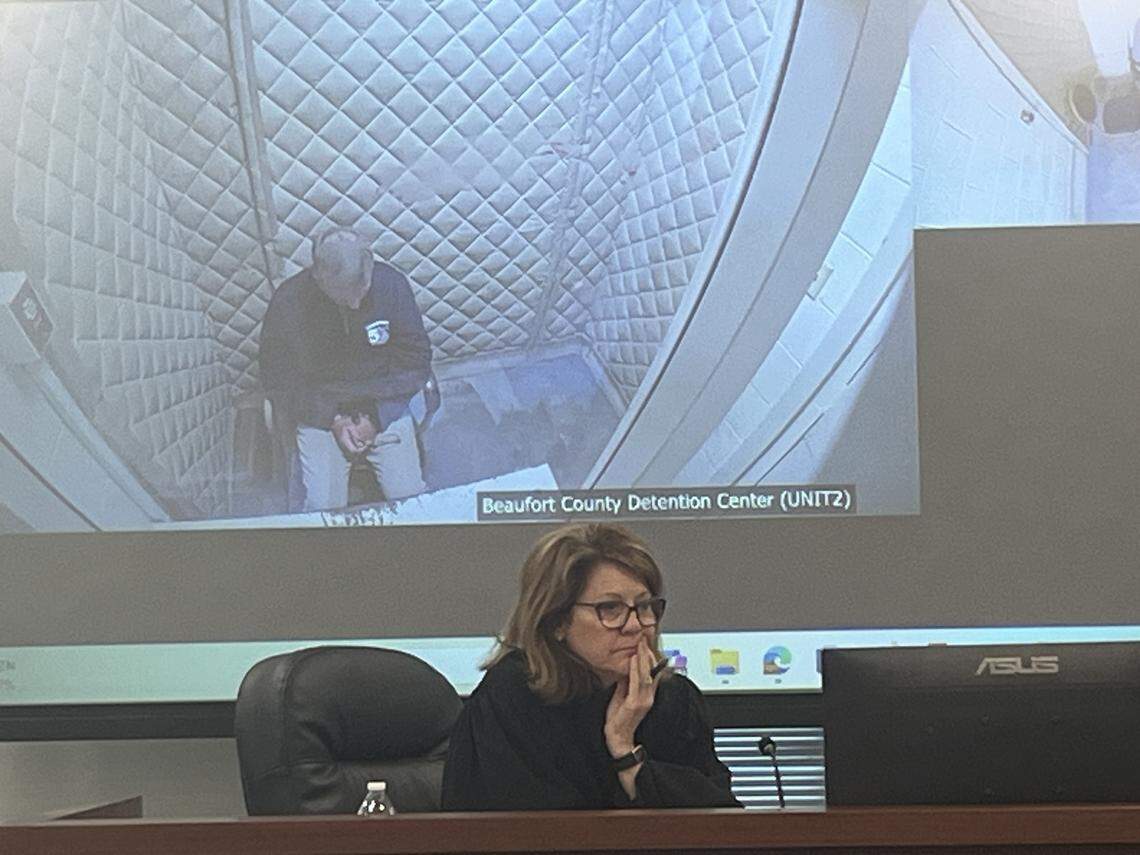 During a pre-trial hearing on Feb. 26, 2026, Judge Meree Williamson watches a video of Beaufort Magistrate Thomas Holloway when he was in custody at the Beaufort County Detention Center in October. Williamson presided over Holloway’s charge of driving under the influence, eventually ruling him not guilty in April 2026 due to what she called a lack of sufficient evidence.