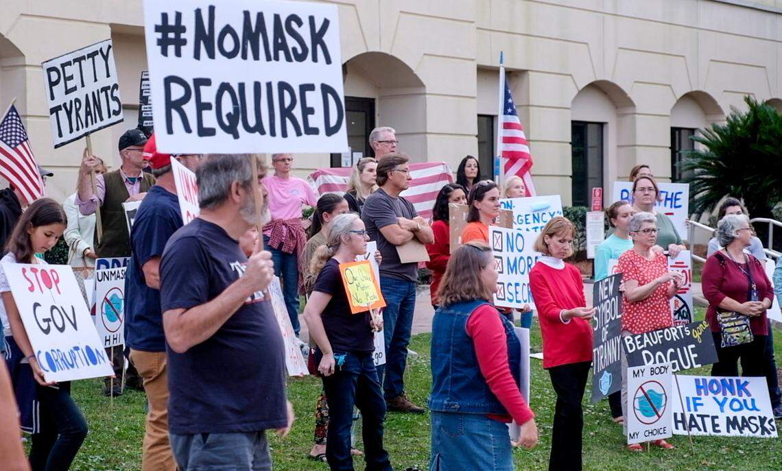 A group of about 30 people gathered at the Beaufort County Government Center at Marsh Road and Boundary Street on Thursday, Nov. 5, 2020, to protest the county’s extension of the mask ordinance.